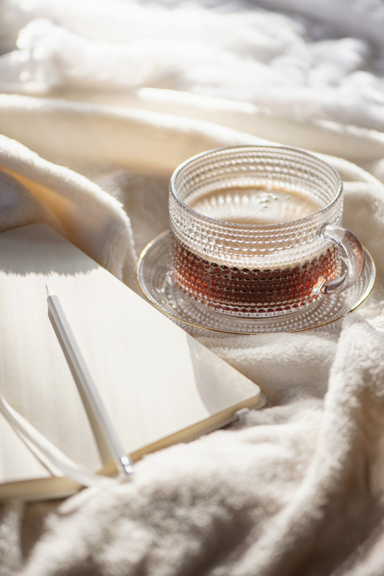 A warm cup of tea resting on an open journal in soft morning light